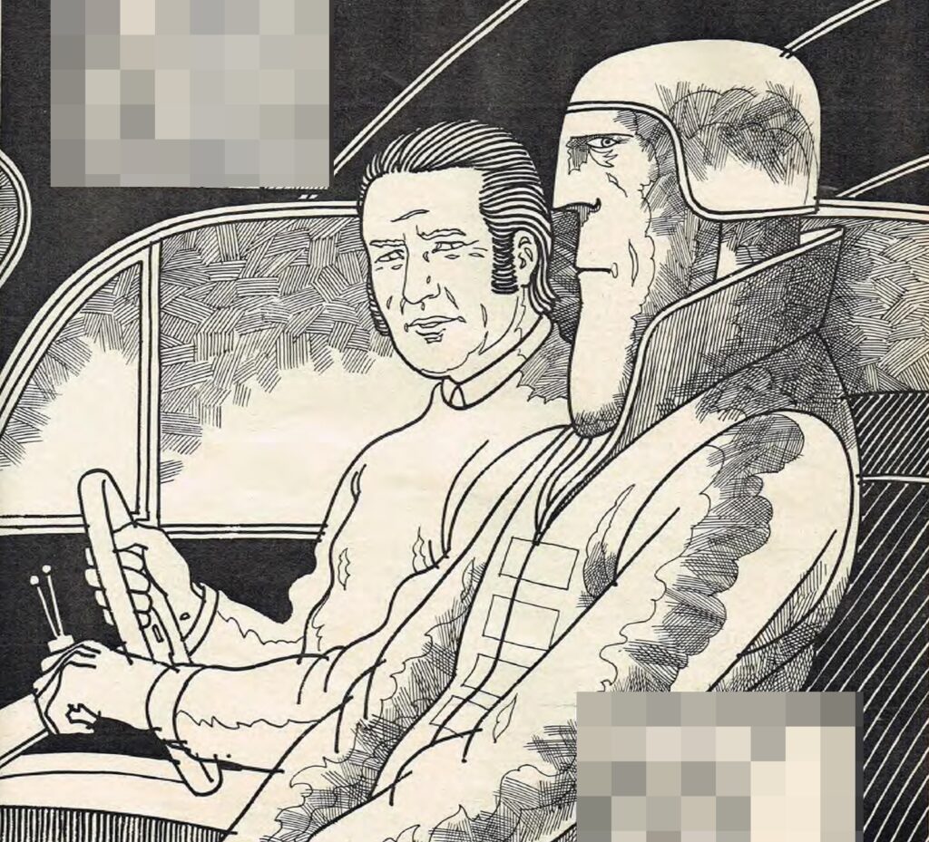 El ser misterioso que llevó De Deugd en su auto, en la mirada del dibujante de la revista. (Gente)