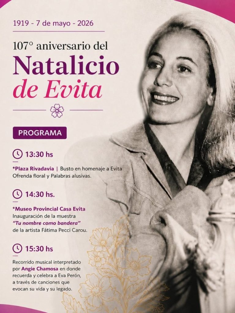  Los Toldos honra a Evita en el 107° aniversario de su natalicio
La ciudad bonaerense que la vio nacer celebra este 7 de mayo con actividades culturales y artísticas que mantienen vivo el legado de una de las figuras más influyentes de la historia argentina.
